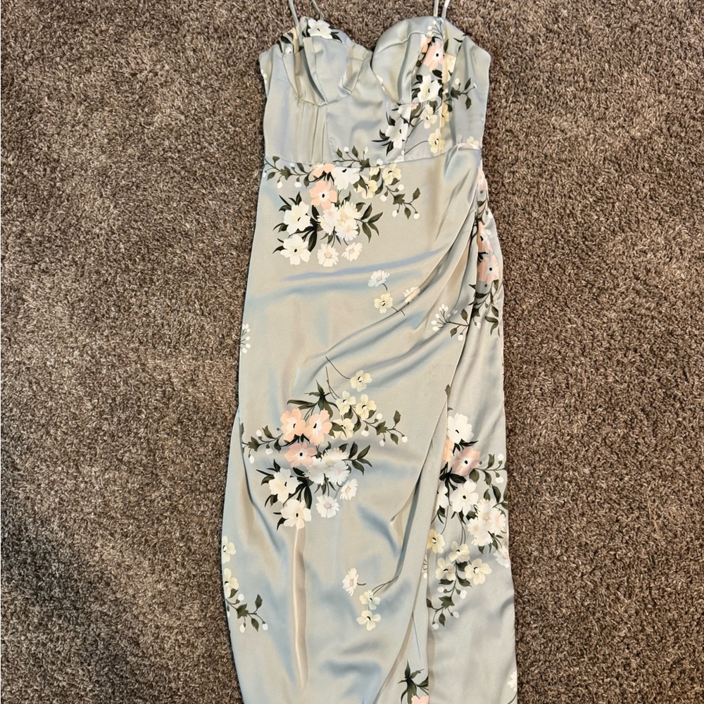 B Darlin Floral Midi Dress in Soft Gray and White